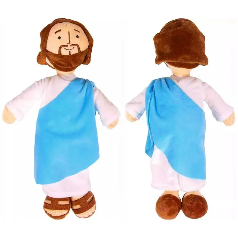 A plush doll depicting a figure with a beard wearing a blue robe and white clothing.