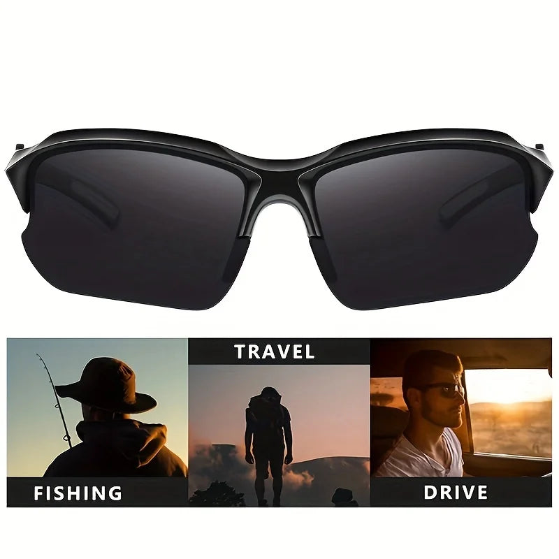 Schwarze polarisierte Sportbrillen in Lifestyle-Situationen für Angeln, Reisen und Autofahren.