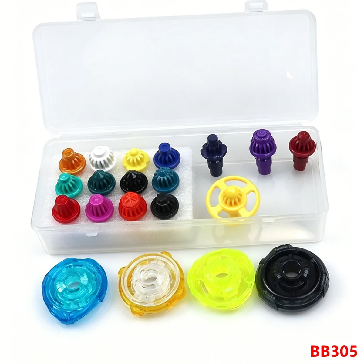 A clear storage box containing various colored spinning top customization accessories.