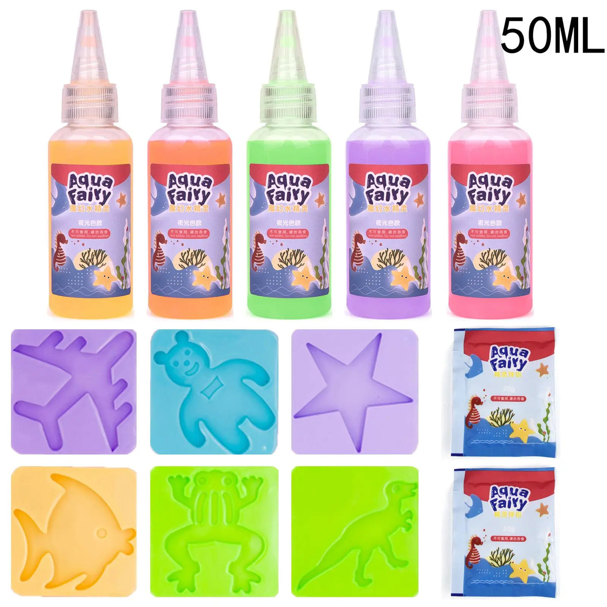 A collection of 50ml Aqua Fairy craft kits featuring various colored bottles and corresponding silicone stamps for DIY 3D wat