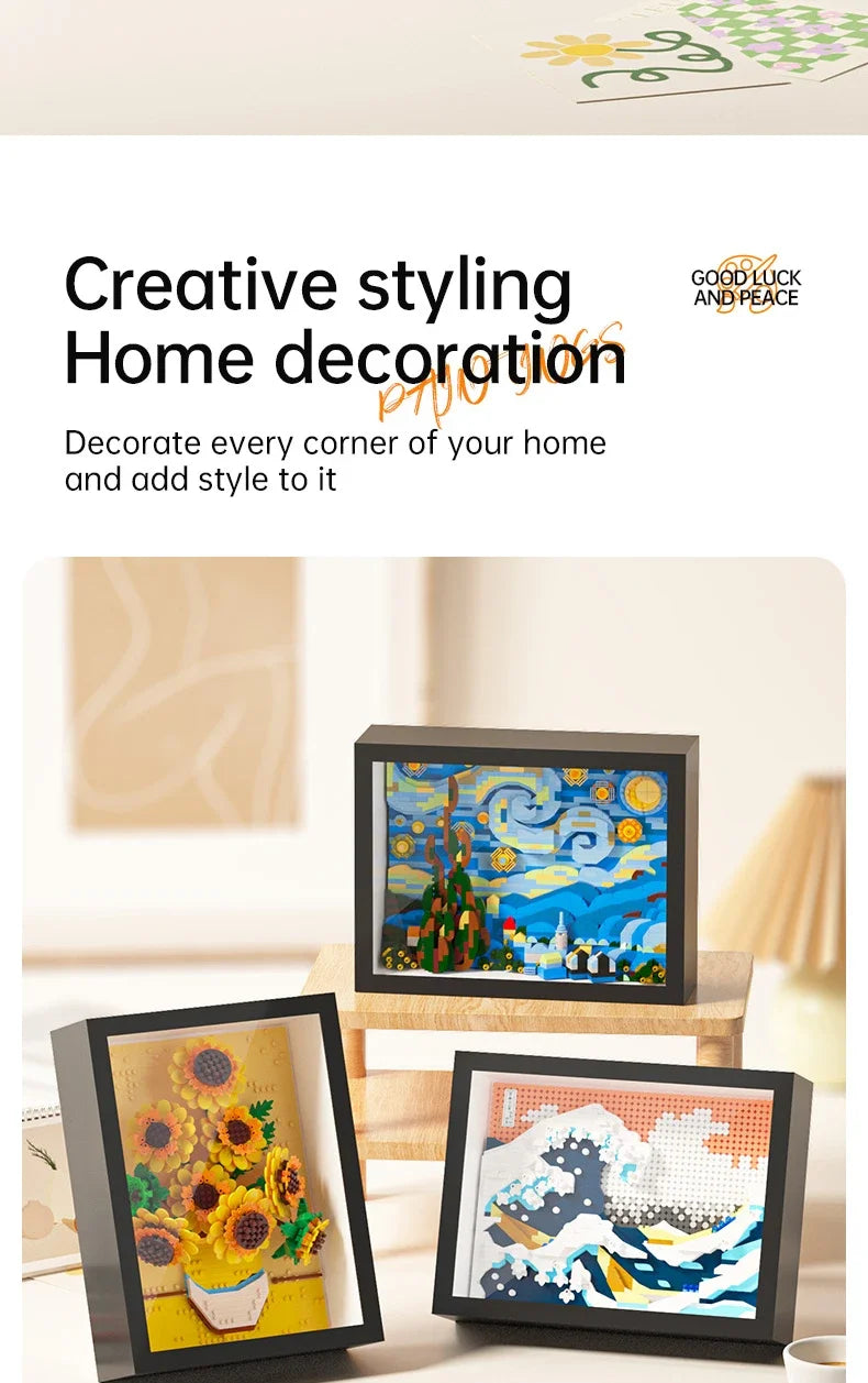 A collection of framed paintings featuring Van Gogh and classic art styles displayed on a wooden surface.