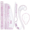 A set of six flexible sewing rulers in pink and white for curved stitching and pattern making.