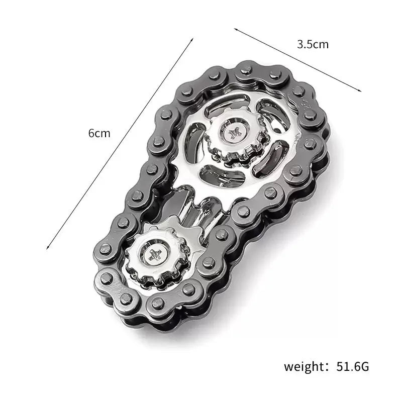 A close-up view of a black iridescent sprocket fidget spinner hand spinner with dimensions marked.