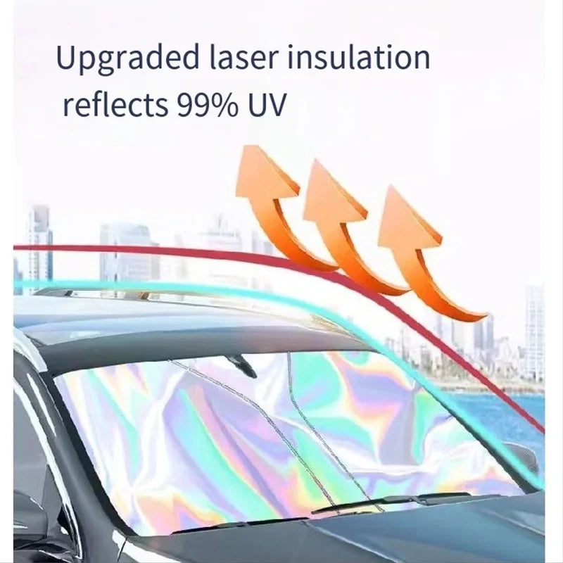 An upgraded laser insulation car sunshade reflects 99% UV light on a vehicle's windshield.