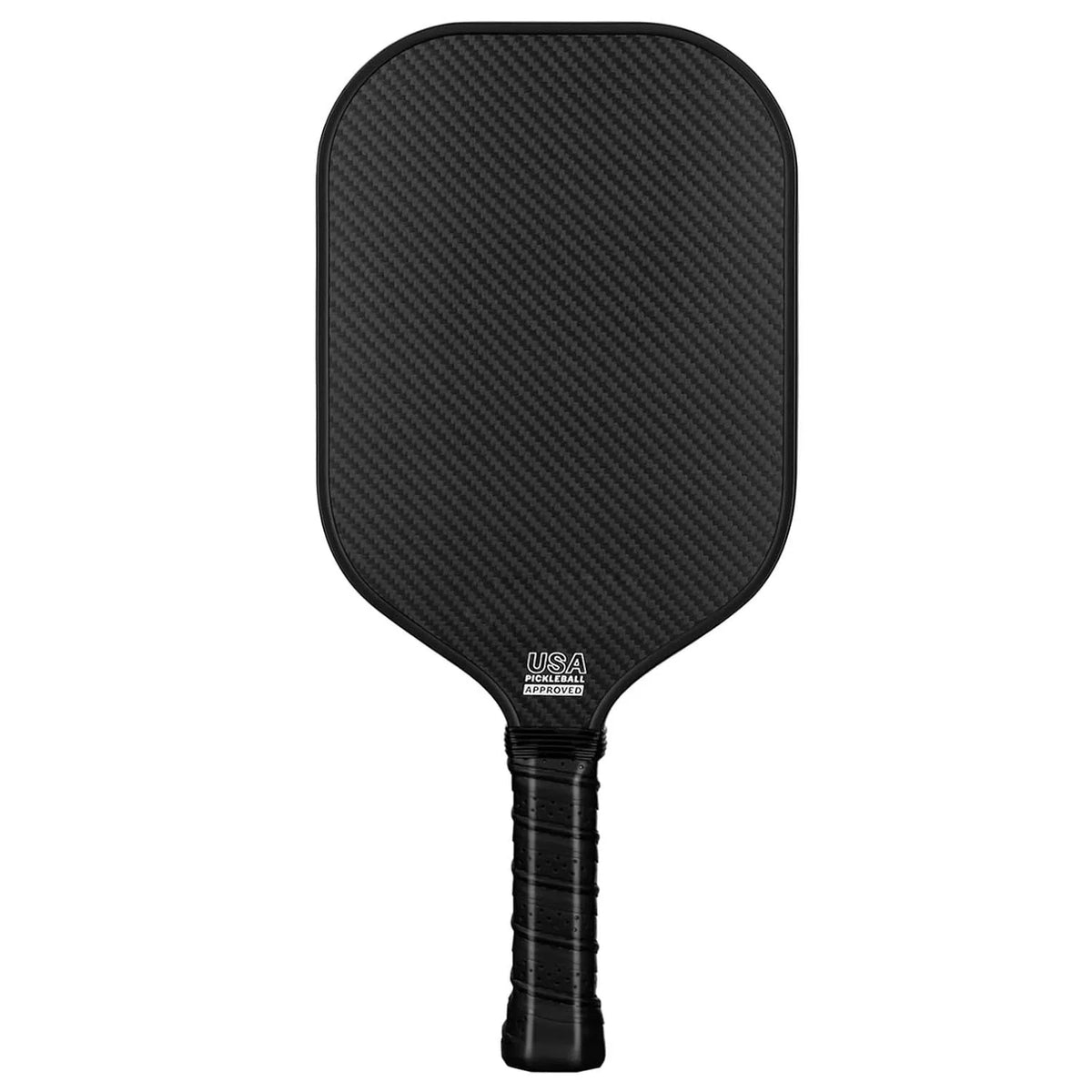 Black USA pickleball paddle with a carbon fiber textured surface and grip.
