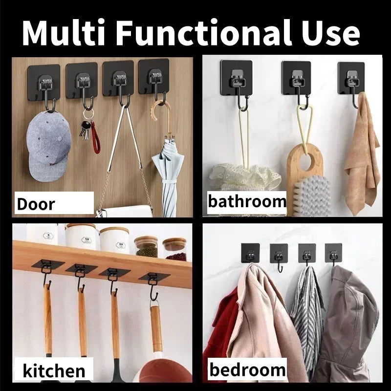 Multi-functional self-adhesive rotating wall hooks used for storage in the door, bathroom, kitchen, and bedroom.