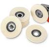 A set of wool polishing wheels for grinders, showing various sizes and a metal holder.