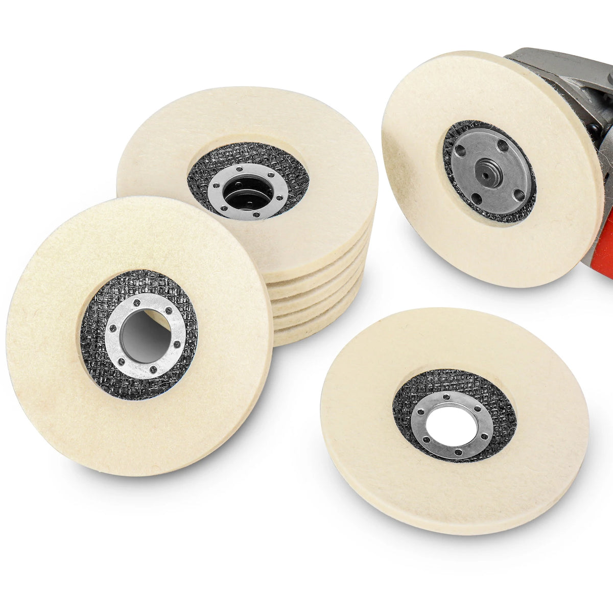 A set of wool polishing wheels for grinders, showing various sizes and a metal holder.