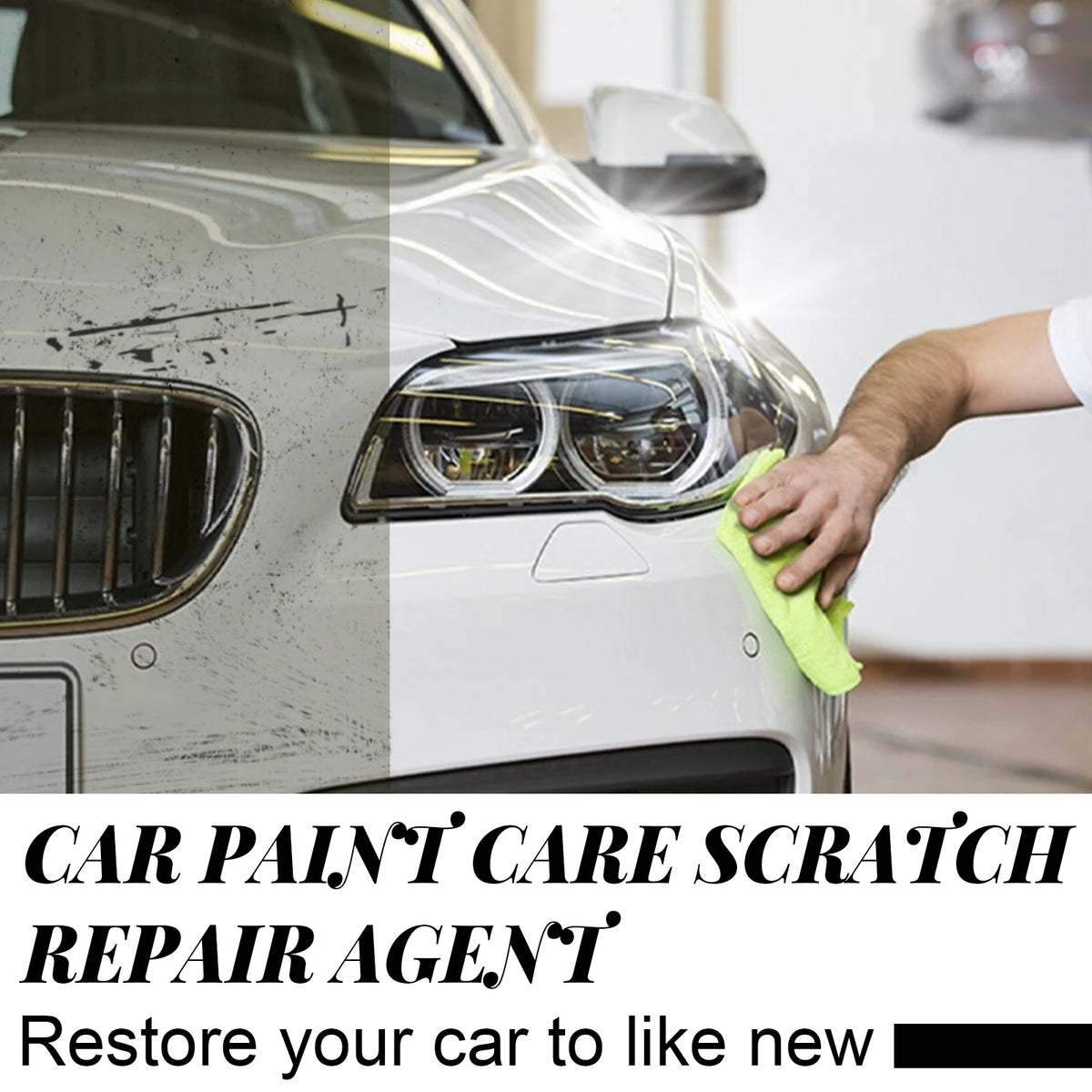 A hand is applying a yellow cleaning cloth to the headlight of a white car, demonstrating a car paint scratch repair agent.