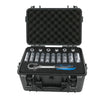Portable hard shell toolbox with a black lid and foam insert containing various tools