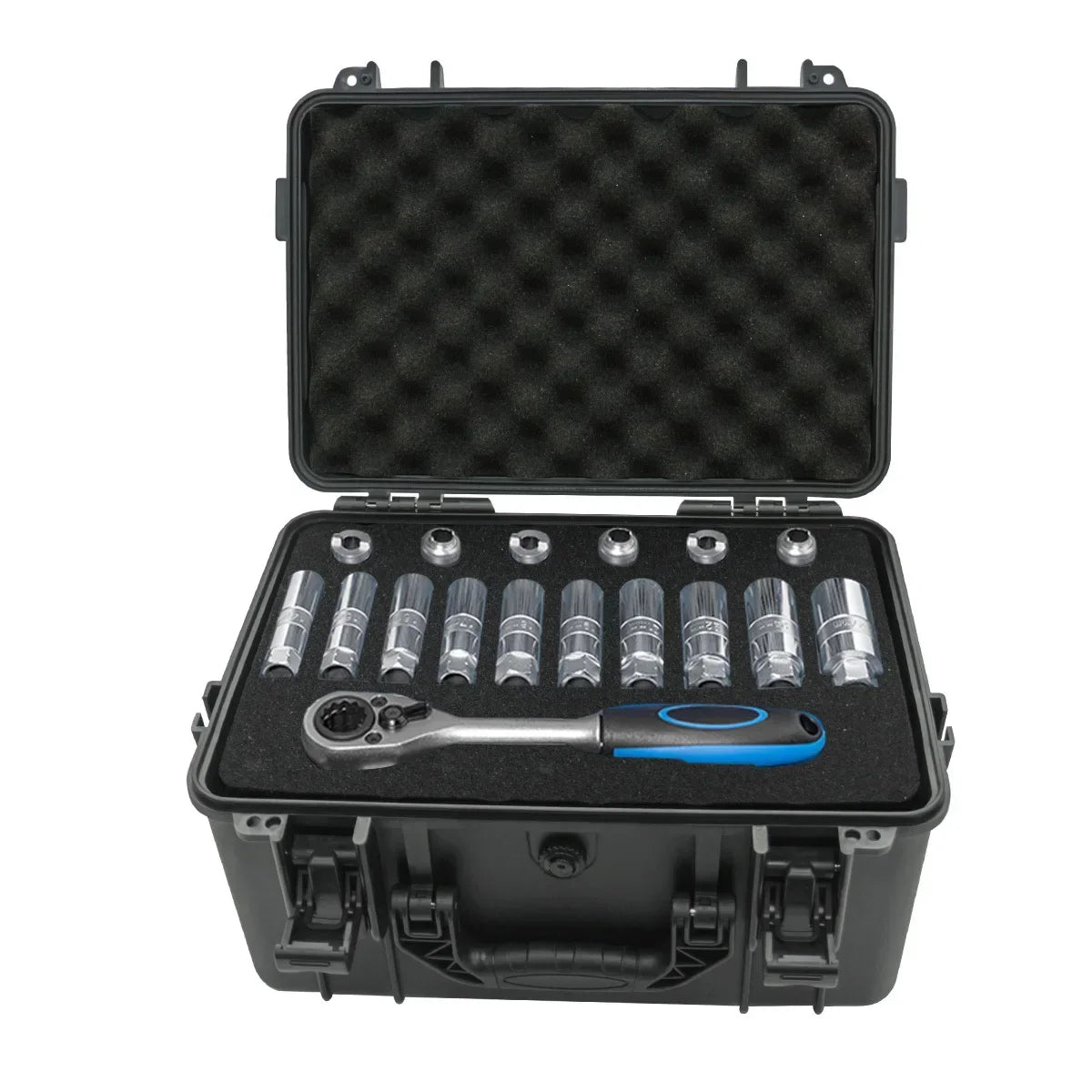 Portable hard shell toolbox with a black lid and foam insert containing various tools