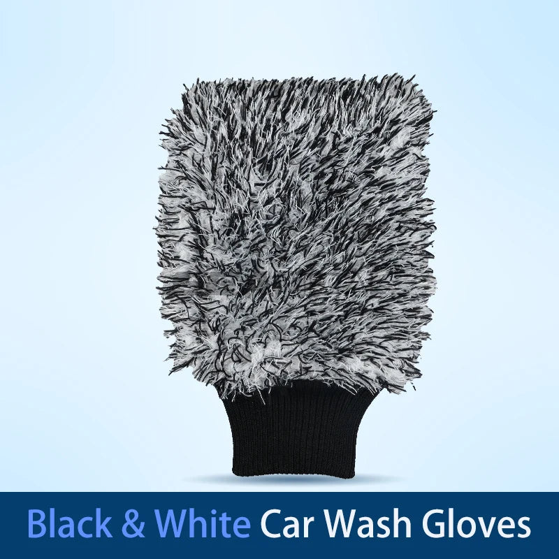 A pair of black and white car wash gloves with a fluffy texture shown against a light blue background.