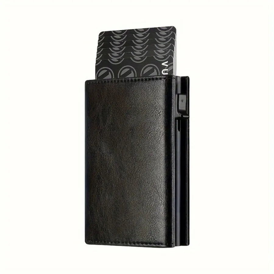 A black slim pop-up wallet featuring a patterned card sleeve and RFID protection.