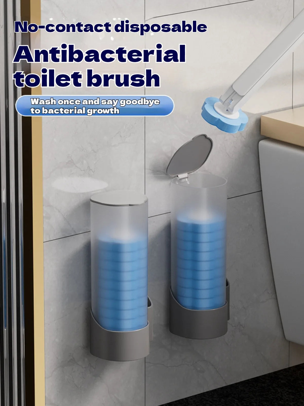 A wall-mounted disposable antibacterial toilet brush set with a blue handle and replaceable heads is shown on a bathroom wall