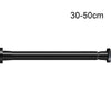 Black adjustable steel tension curtain rod with hanging clips, 30-50cm long.