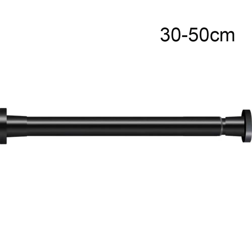 Black adjustable steel tension curtain rod with hanging clips, 30-50cm long.