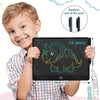 A smiling boy holds a 13-inch LCD writing tablet with a stylus pen, showing a dinosaur doodle on the screen.