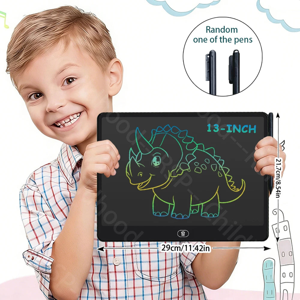 A smiling boy holds a 13-inch LCD writing tablet with a stylus pen, showing a dinosaur doodle on the screen.