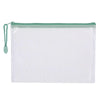 A set of ten white mesh zipper bags with green pull tabs for classroom and craft organization