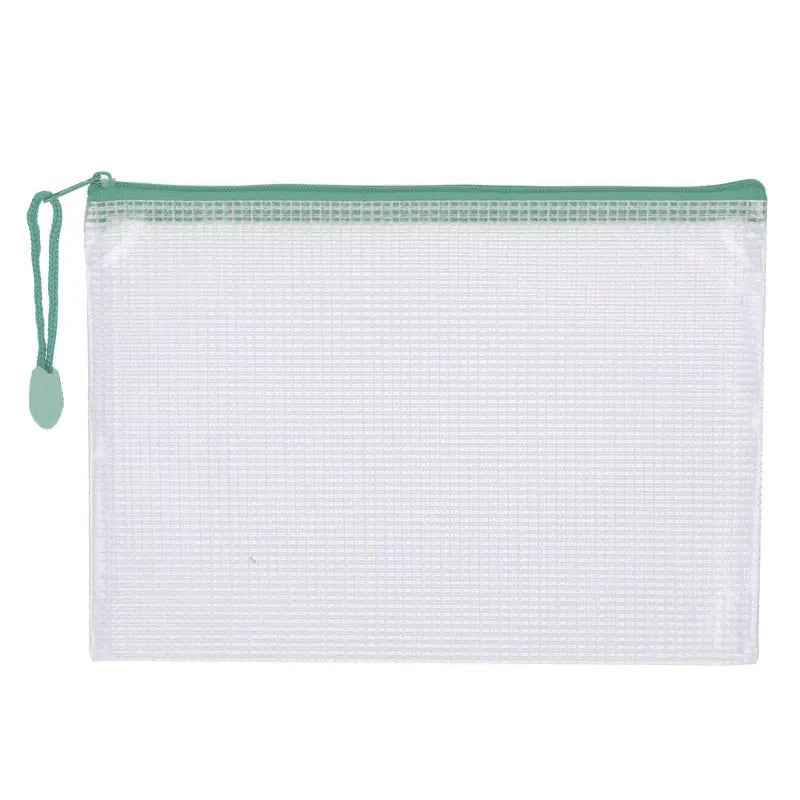 A set of ten white mesh zipper bags with green pull tabs for classroom and craft organization