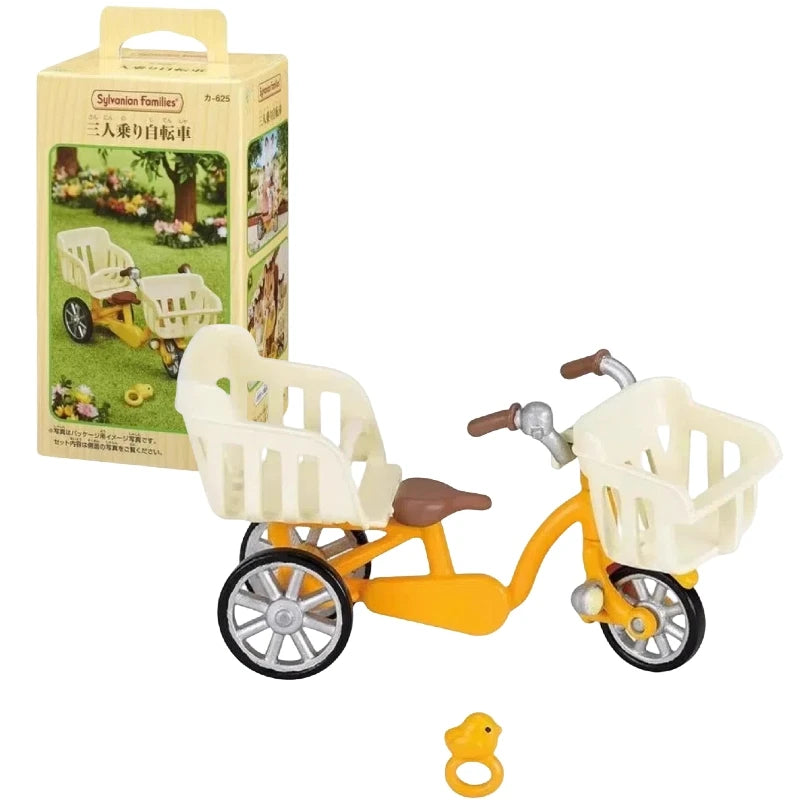 A yellow Sylvanian Families forest friends toy buggy with a white basket and a wooden box.