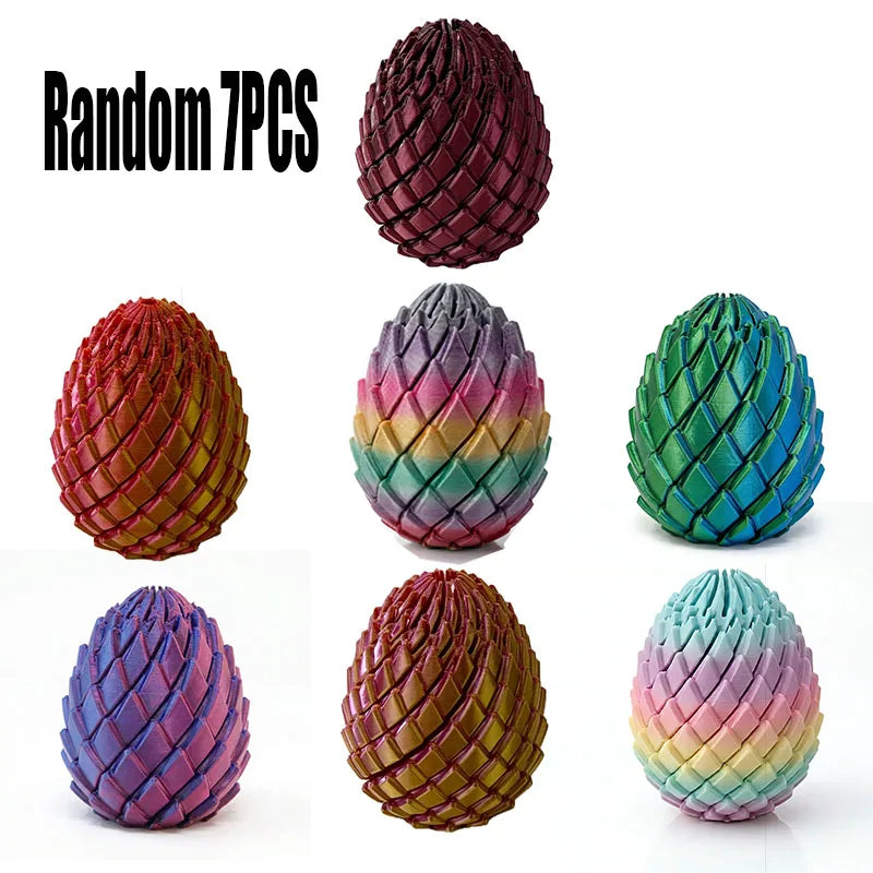A collection of seven randomly colored, textured 3D printed dragon twist eggs used as stress relievers.