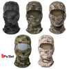 A set of five camouflage balaclava caps in various shades of green and brown fabric.