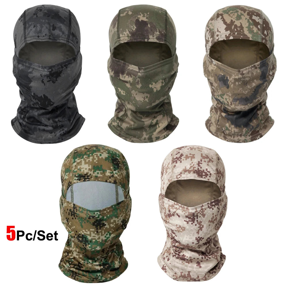 A set of five camouflage balaclava caps in various shades of green and brown fabric.
