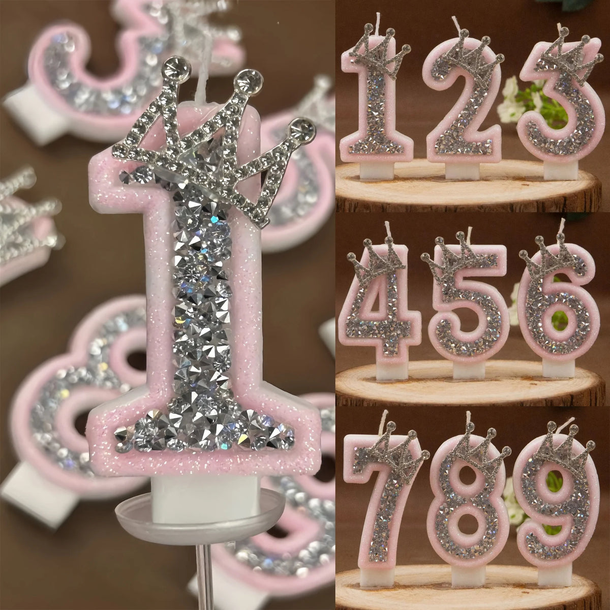 Pink rhinestone crown number candles for birthday cakes showing numbers 1 through 9