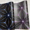 A glossy black self-adhesive 3D vinyl wallpaper featuring a geometric purple and white star pattern.
