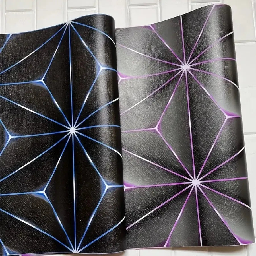 A glossy black self-adhesive 3D vinyl wallpaper featuring a geometric purple and white star pattern.