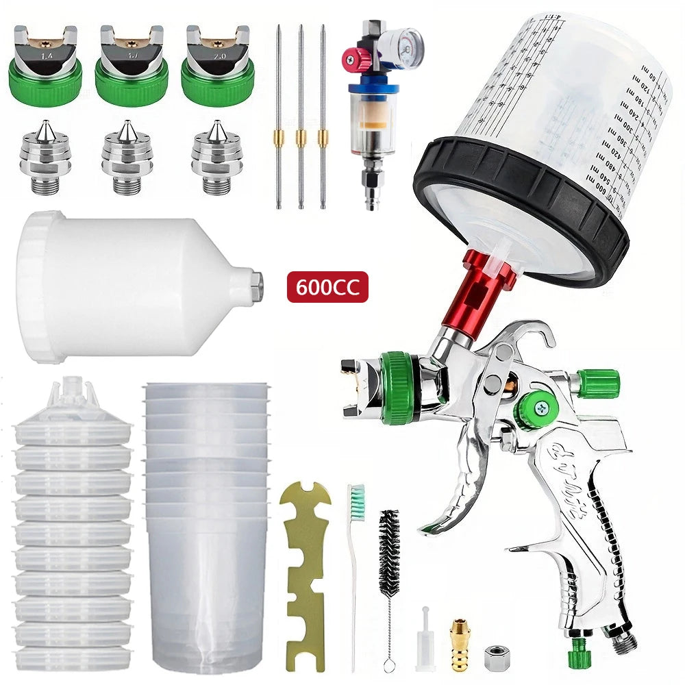 HVLP Gravity Feed Spray Gun Kit including a spray gun, nozzles, air regulator, and related accessories