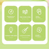 A grid of six green icons representing features like educational strings, high quality strings, simple operation, and more fo