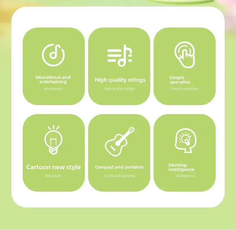 A grid of six green icons representing features like educational strings, high quality strings, simple operation, and more fo