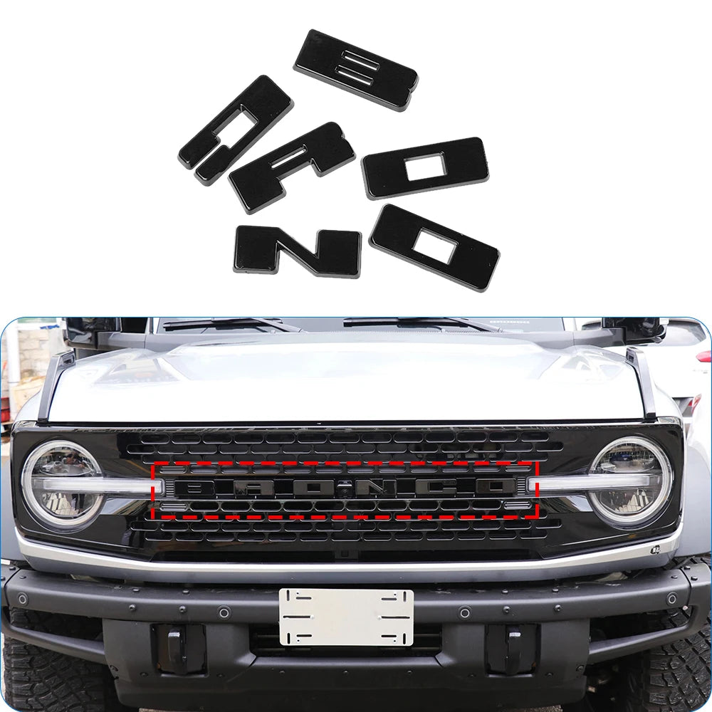 Black 3D ABS emblem letter covers for a Ford Bronco grille.