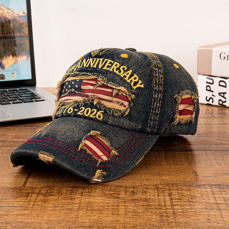 Vintage USA Flag 250th Anniversary Distressed Denim Baseball Cap