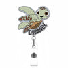 Glitter acrylic badge reel featuring a cute green alligator character with textured wings and the word DUUUUUDE