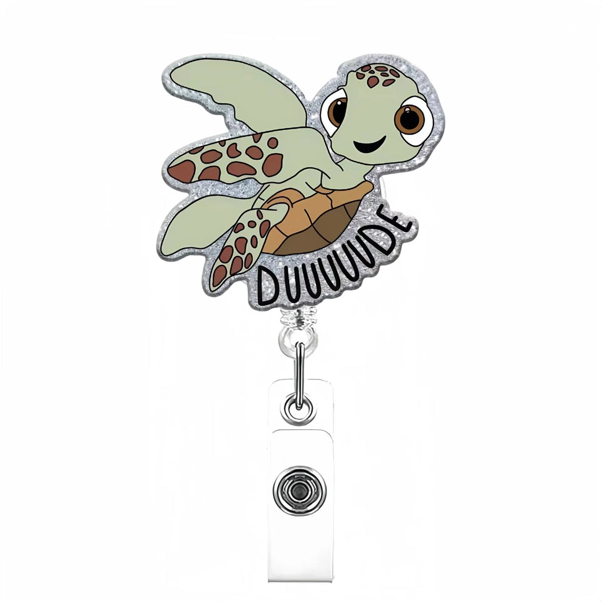 Glitter acrylic badge reel featuring a cute green alligator character with textured wings and the word DUUUUUDE