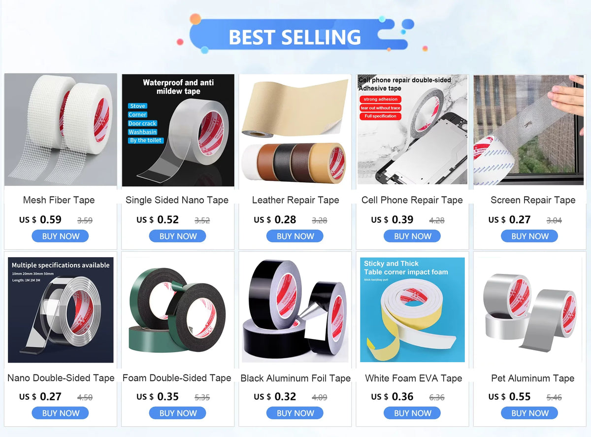 Various double-sided adhesive tapes and repair tapes for electronics and mounts including mesh fiber leather and foam types