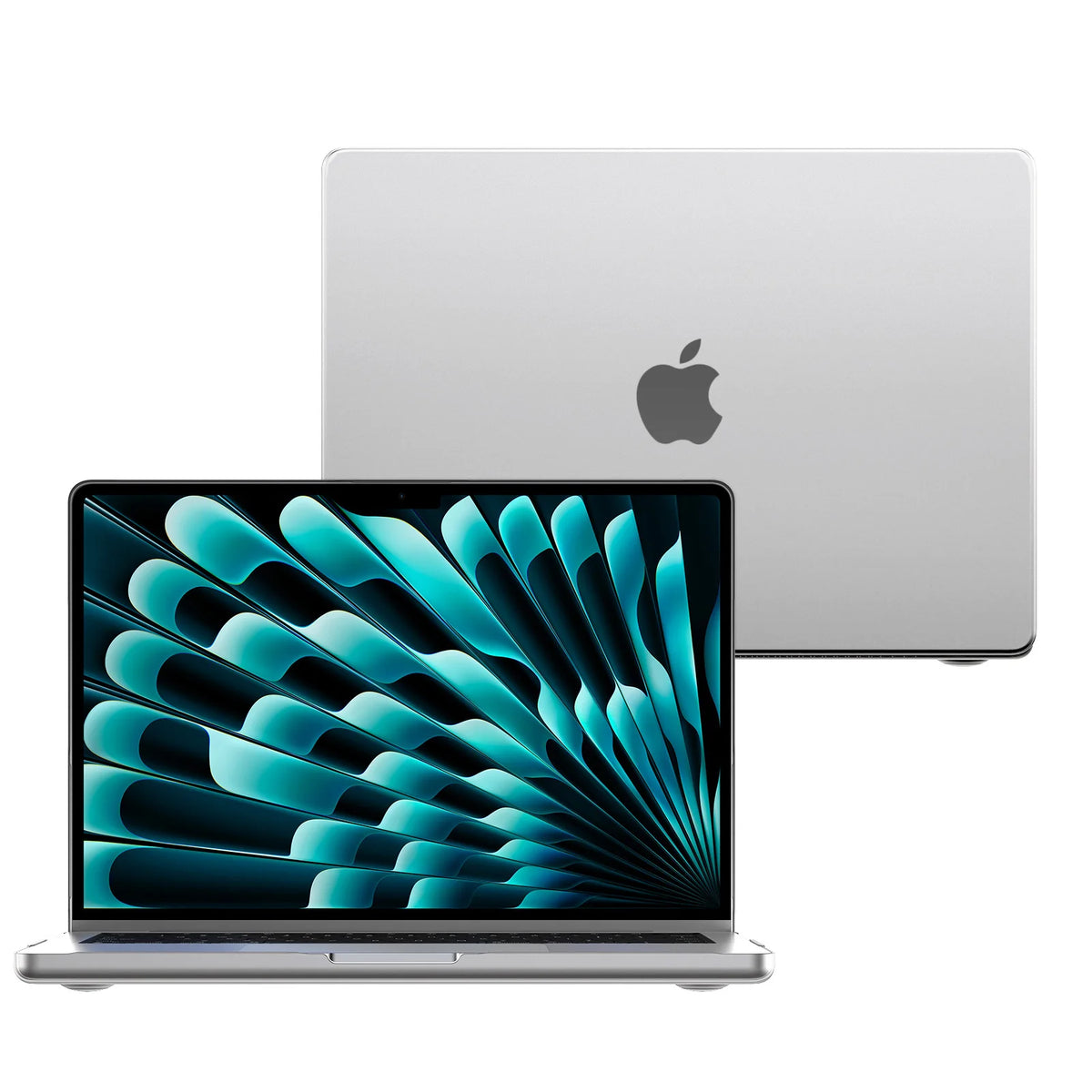 A silver MacBook Air laptop with a vibrant blue, fan-like design on the screen is shown next to its protective case.