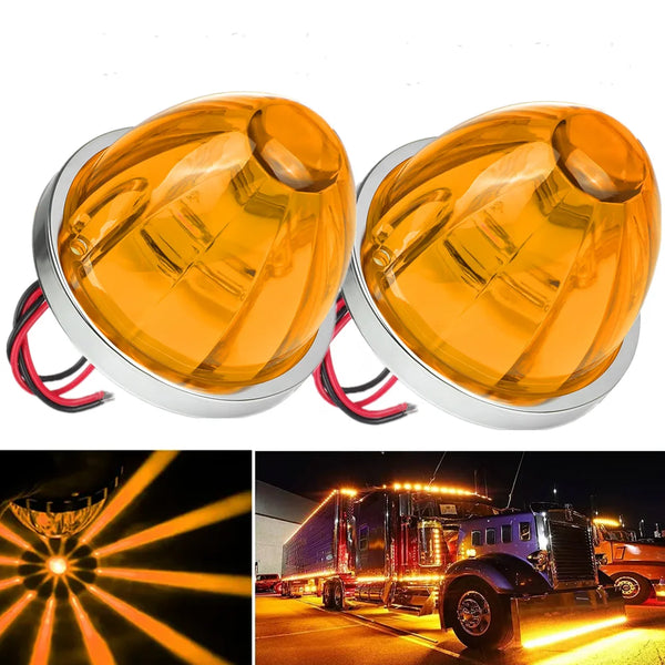 A pair of waterproof LED side marker lights for trucks, trailers, and vans, shown alongside a light beam effect.