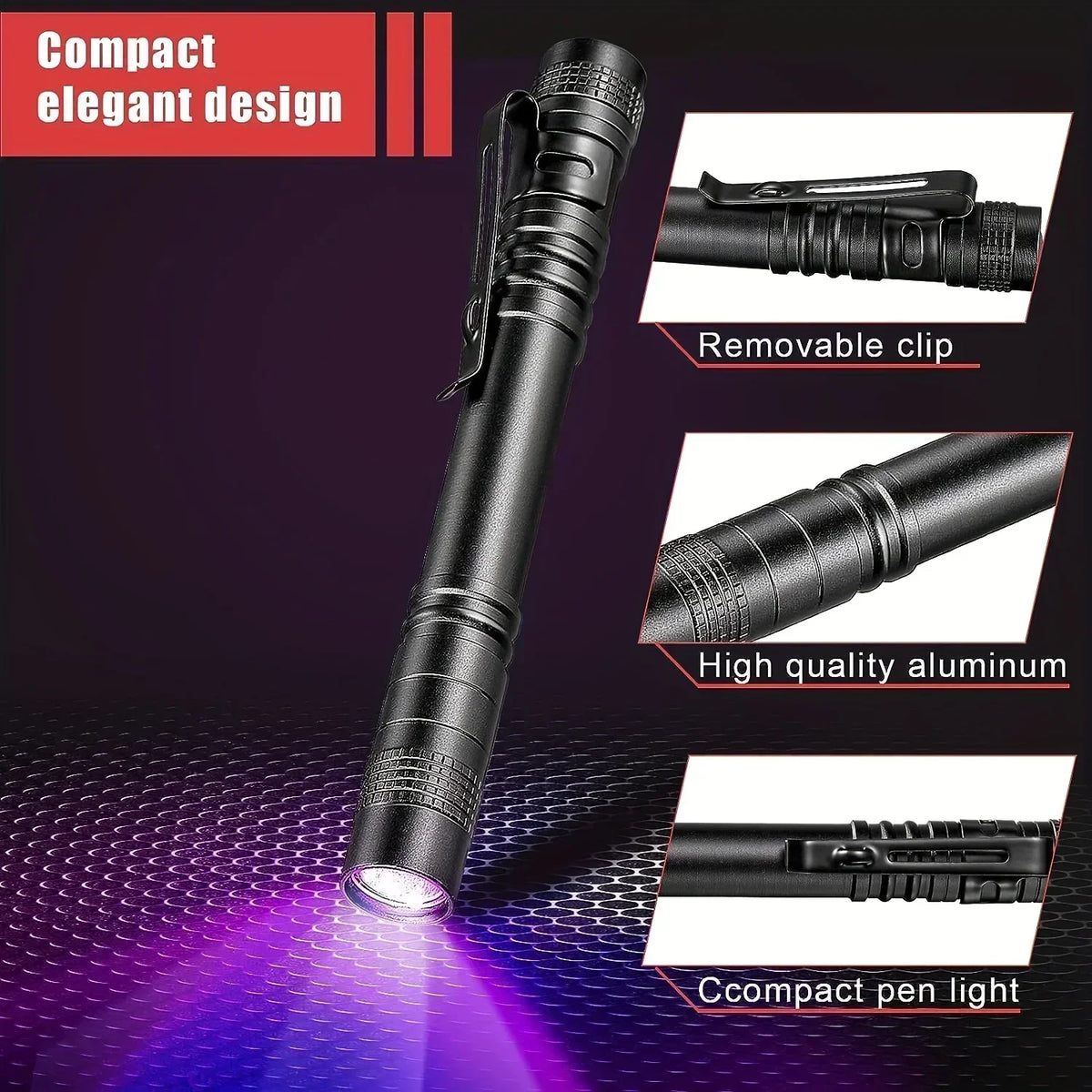 A black compact elegant pen light with a removable clip and high quality aluminum body