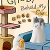 A blind box featuring a white ghost figurine holding a small orange cat figurine on a blue surface.
