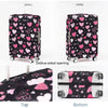A black suitcase protector cover with pink hearts and a love design shown from the top and bottom views.