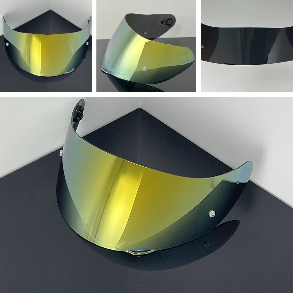 A replacement helmet visor with an anti-fog coating shown in various angles and colors.