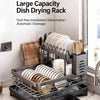A multifunctional large capacity dish drying rack with a two-tier design and automatic drainage system placed on a kitchen co