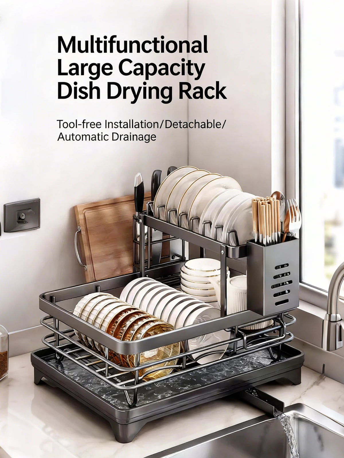 A multifunctional large capacity dish drying rack with a two-tier design and automatic drainage system placed on a kitchen co