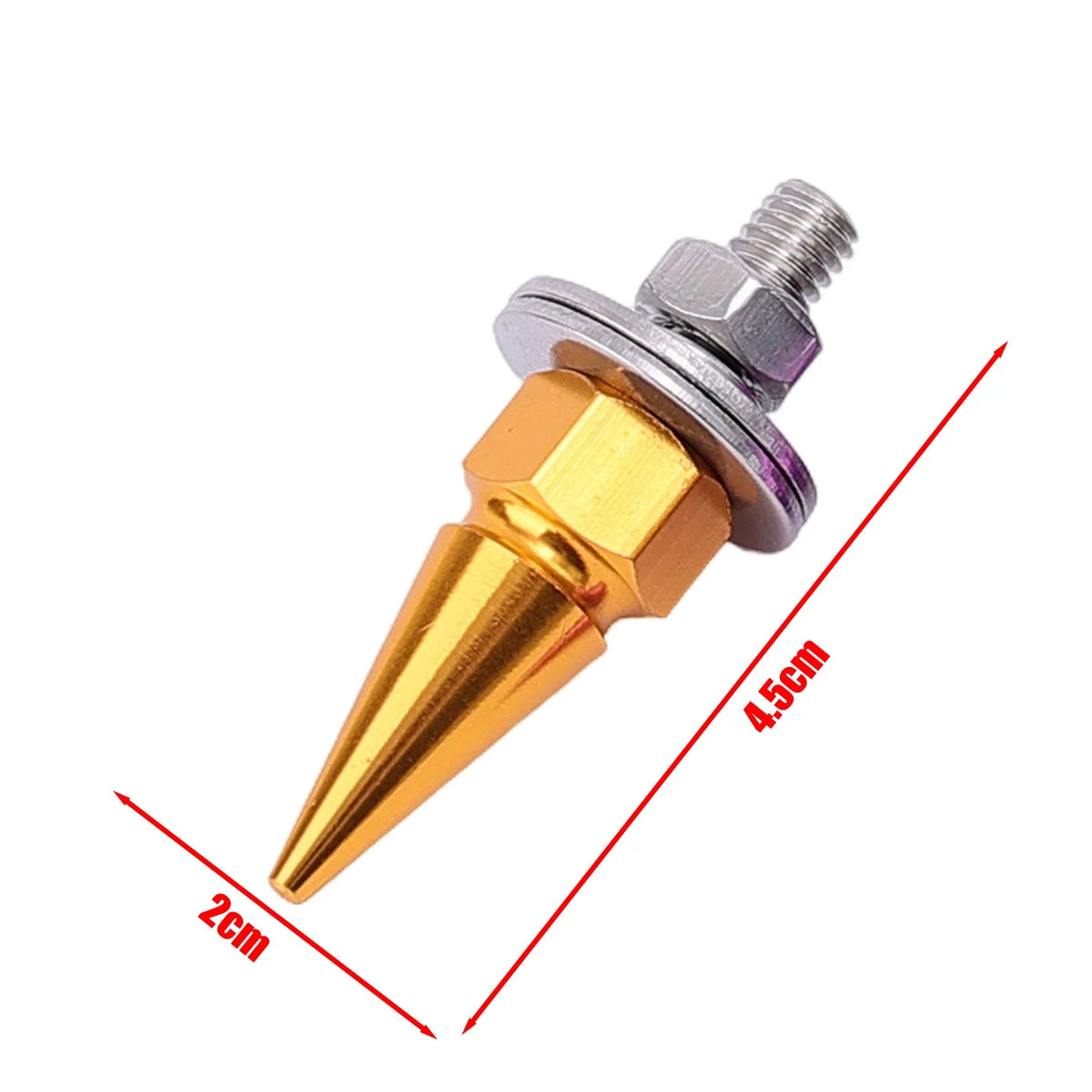 A brass license plate screw kit with a pointed tip and a threaded cap, shown against a white background.