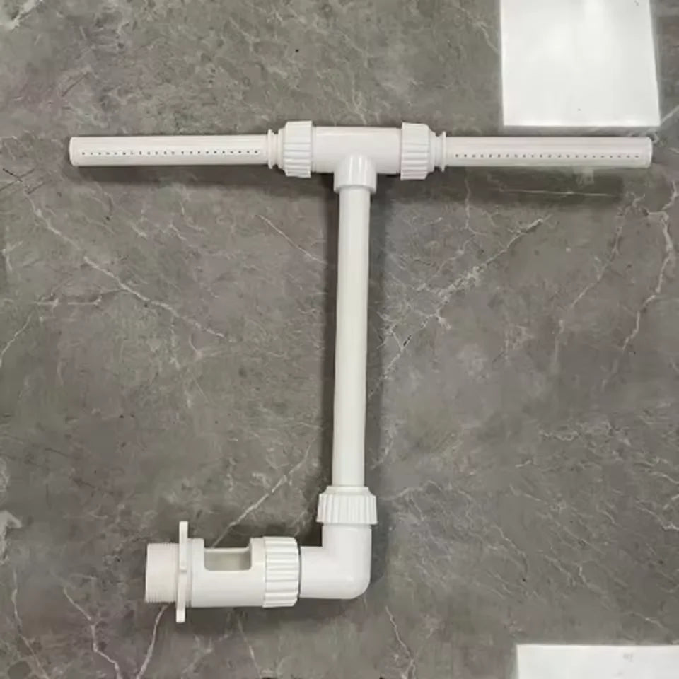 A white adjustable dual-stream pool water fountain with a horizontal pipe and a vertical column.