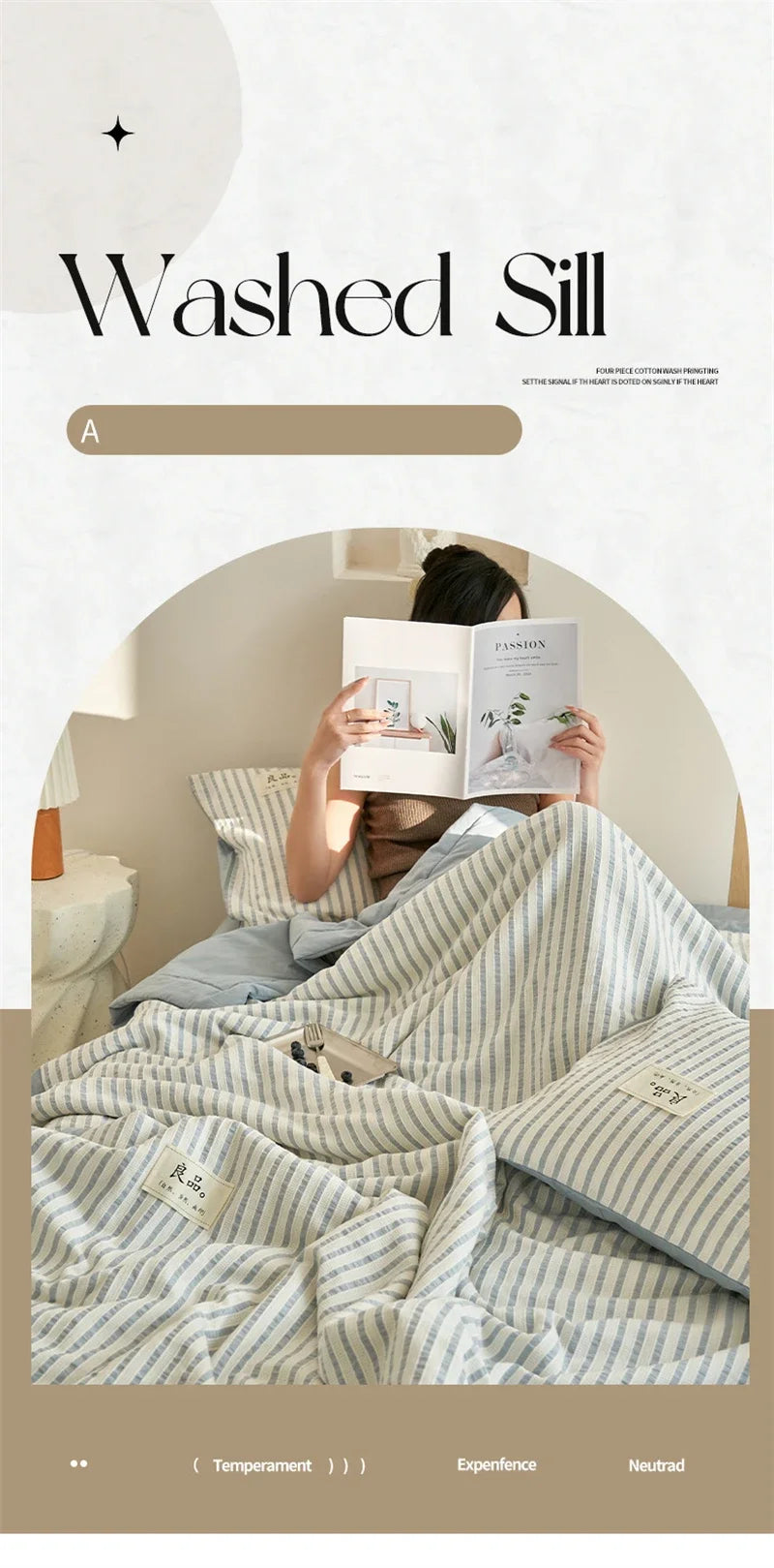 A striped breathable summer quilt is displayed on a bed, featuring a jacquard cotton cover.